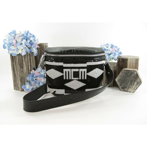 MCM Limited Edition Geo Croco Black White Sequin Logo Convertible Belt Bag NWT - Picture 1 of 8